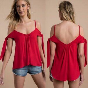 Free People Red Cold Shoulder Tank Top Believe Me Tie‎ Sleeve Stretch Bohemian S